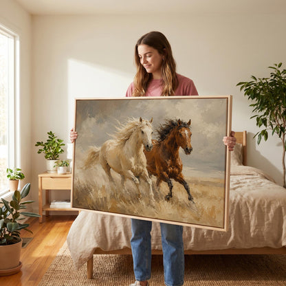 Palomino and bay horses galloping through dry grassland, canvas print on a quiet wall in a considered interior