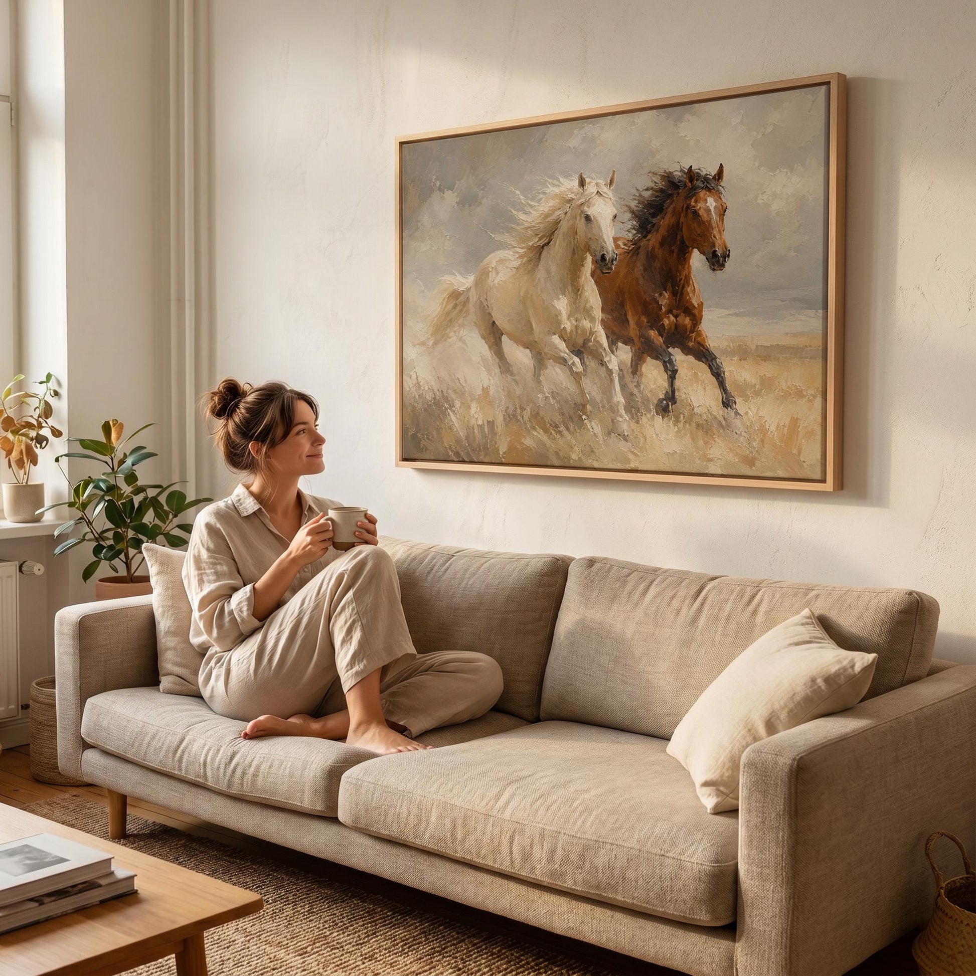 Palomino and bay horses galloping through dry grassland, canvas print shown to scale in a furnished room