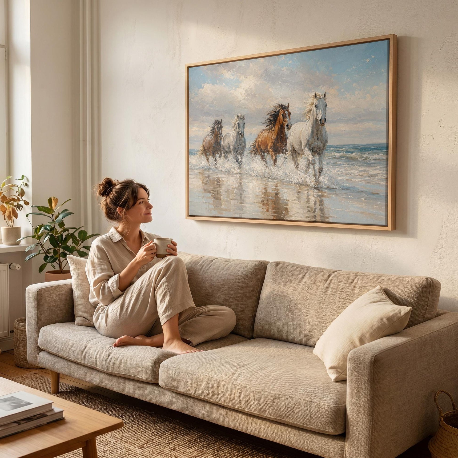 Four horses running through shallow surf on a beach, canvas print on a quiet wall in a considered interior