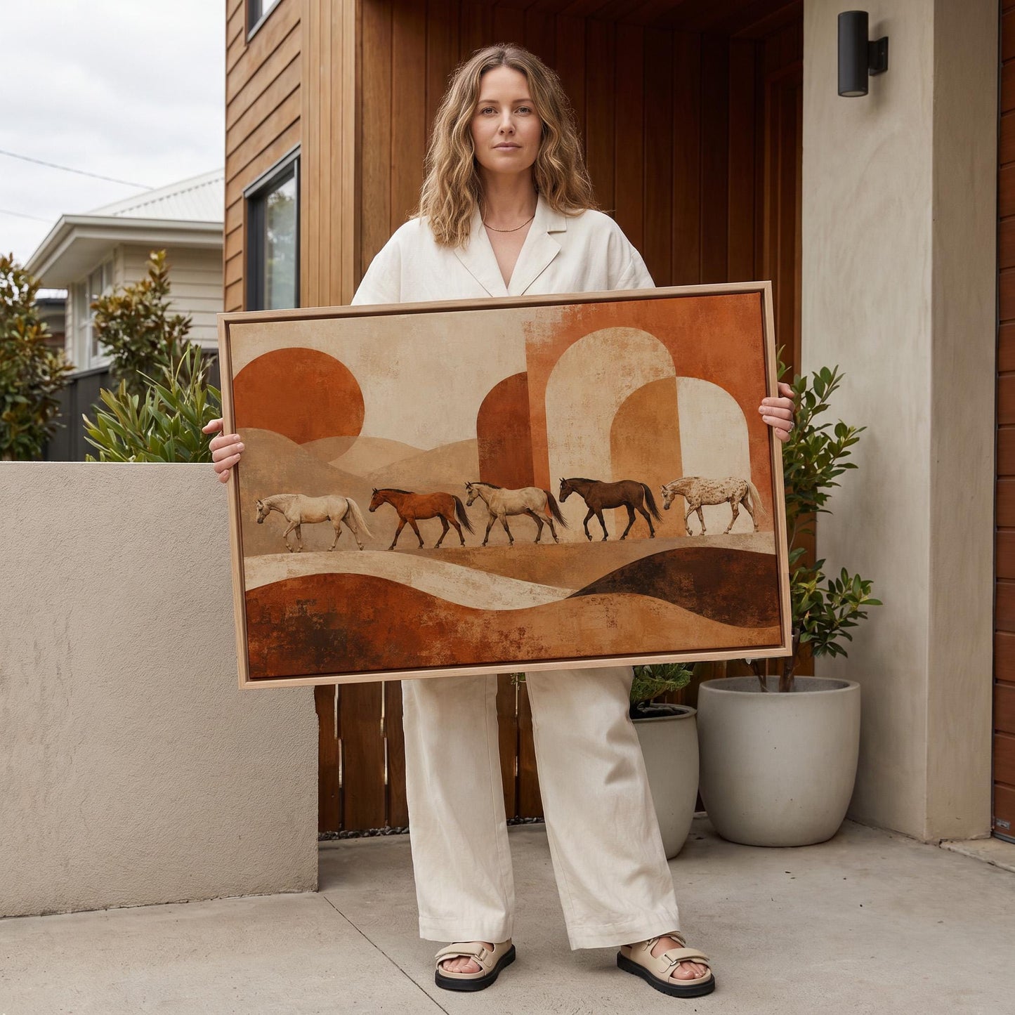 Line of horses crossing an abstract terracotta landscape, canvas print hanging in a calm, modern living space