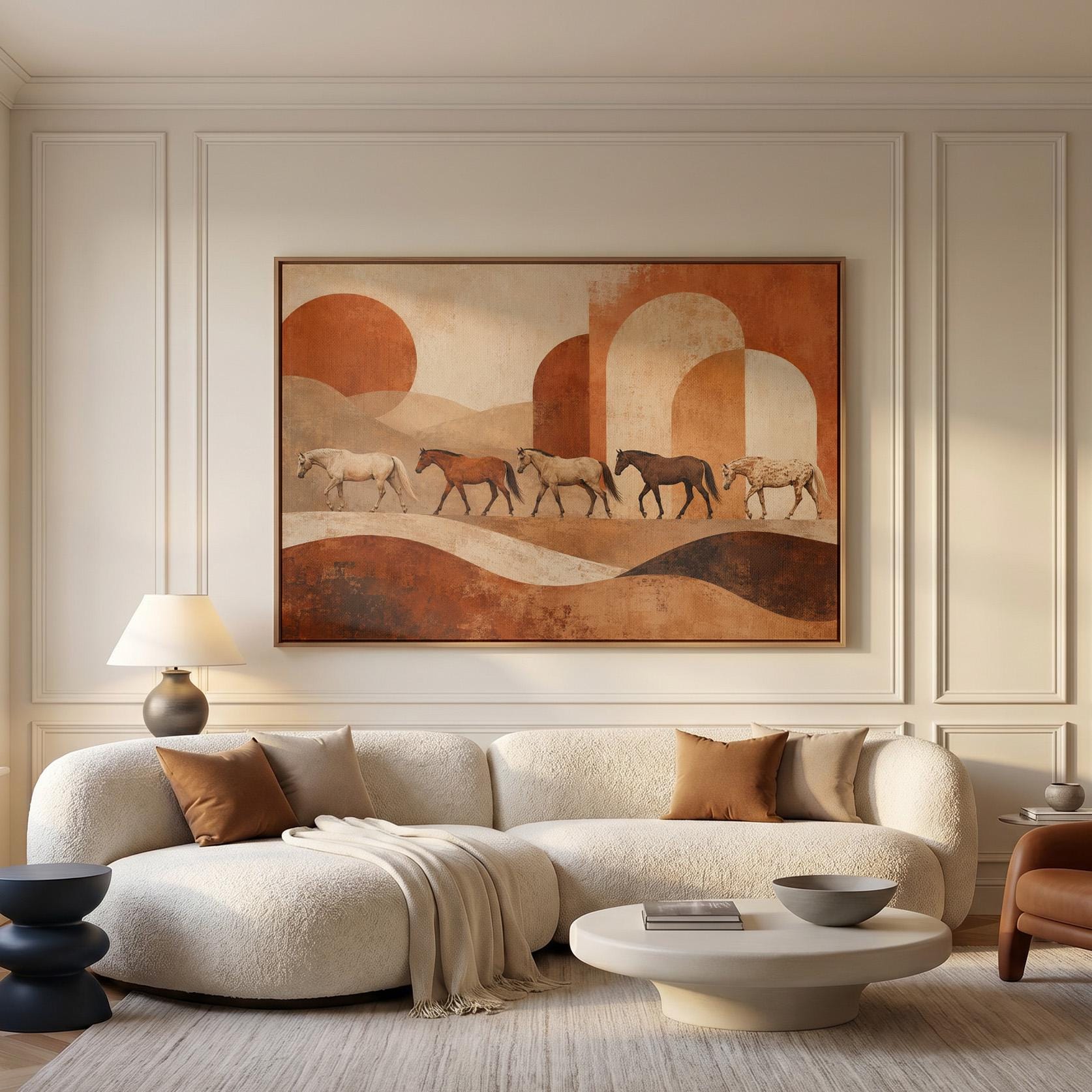Line of horses crossing an abstract terracotta landscape, canvas print seen in a warm interior with natural light