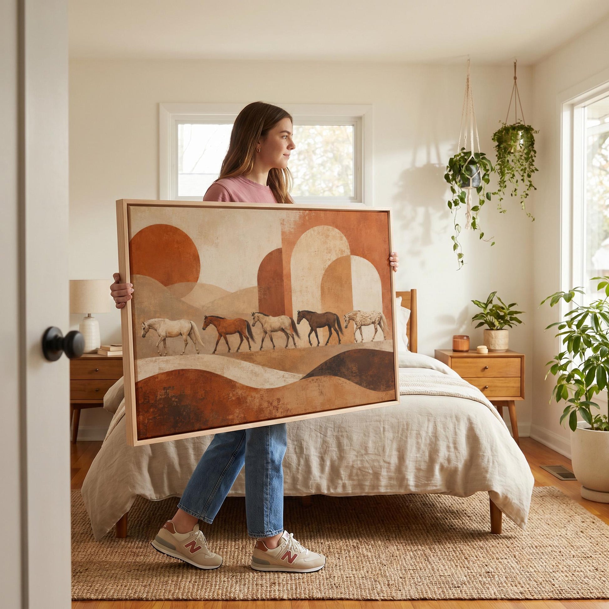 Line of horses crossing an abstract terracotta landscape, canvas print displayed on a neutral wall in a styled interior