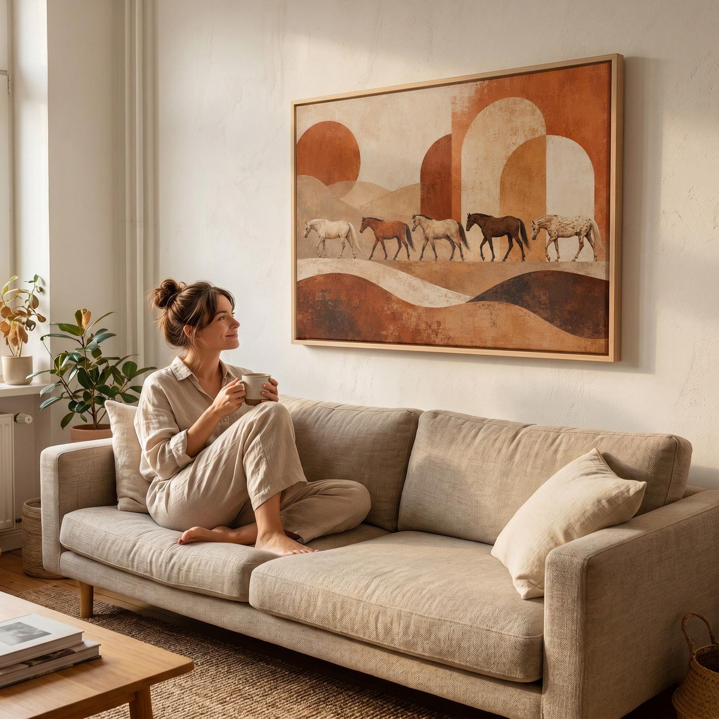 Line of horses crossing an abstract terracotta landscape, canvas print shown in a sunlit, contemporary room