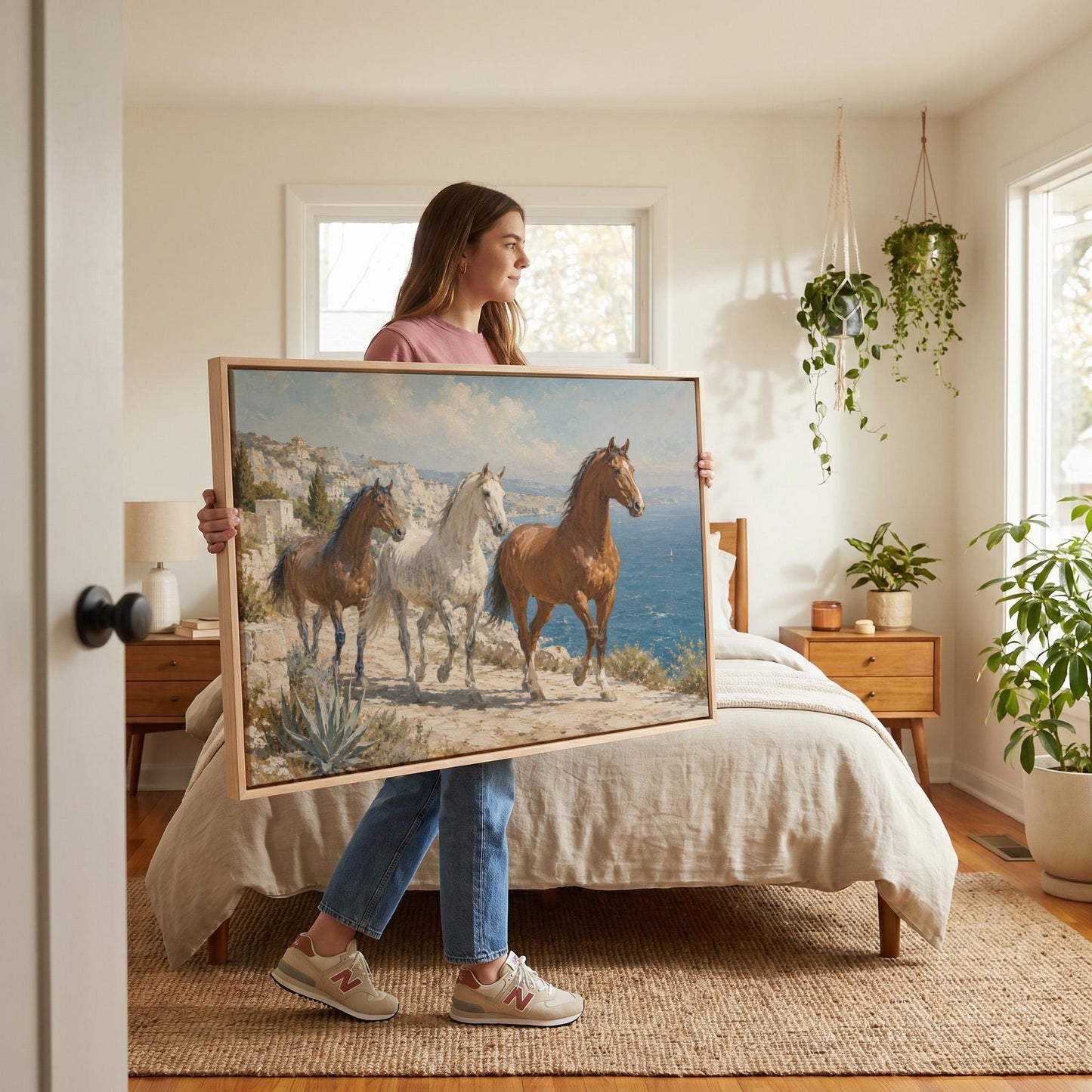 Three horses on a sunlit cliff above a blue Mediterranean bay, canvas print seen in a warm interior with natural light