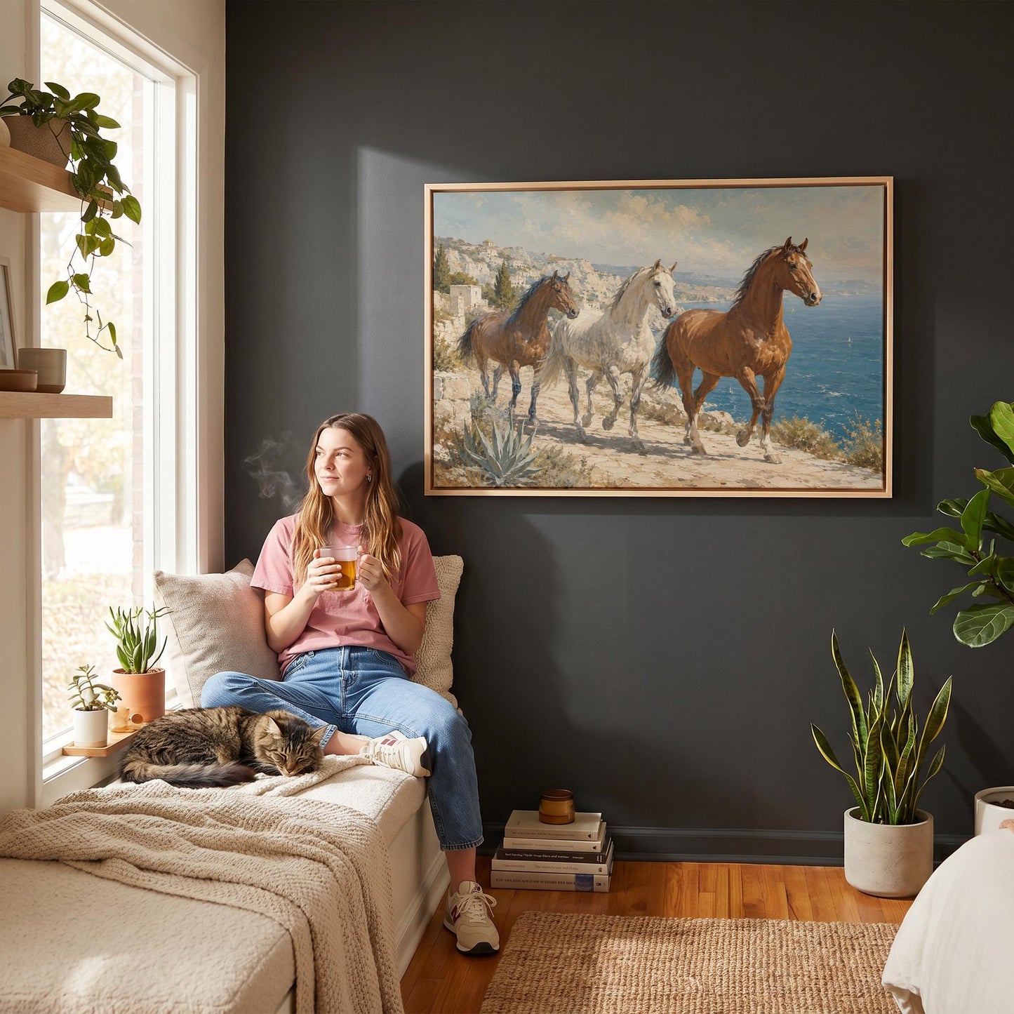 Three horses on a sunlit cliff above a blue Mediterranean bay, canvas print displayed on a neutral wall in a styled interior