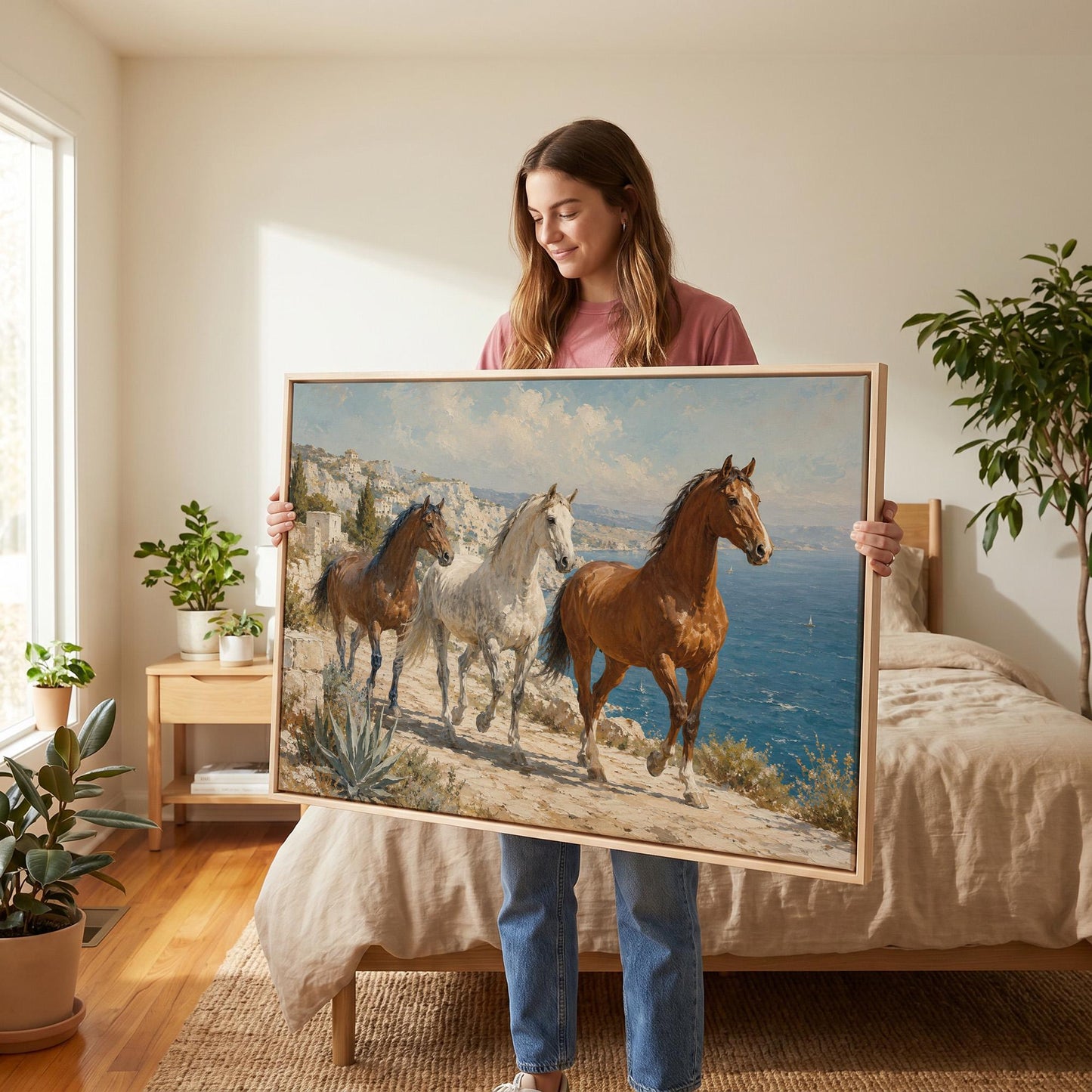 Three horses on a sunlit cliff above a blue Mediterranean bay, canvas print shown in a sunlit, contemporary room