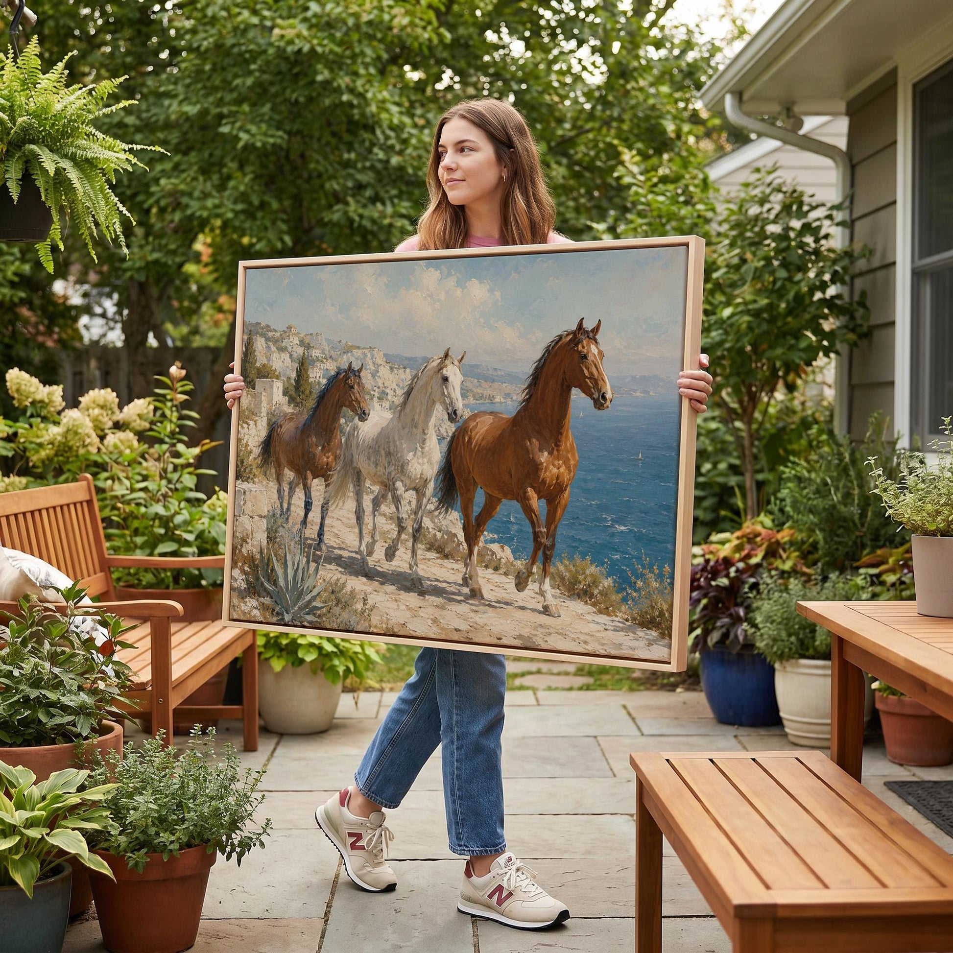 Three horses on a sunlit cliff above a blue Mediterranean bay, canvas wall art hanging in a calm, modern living space