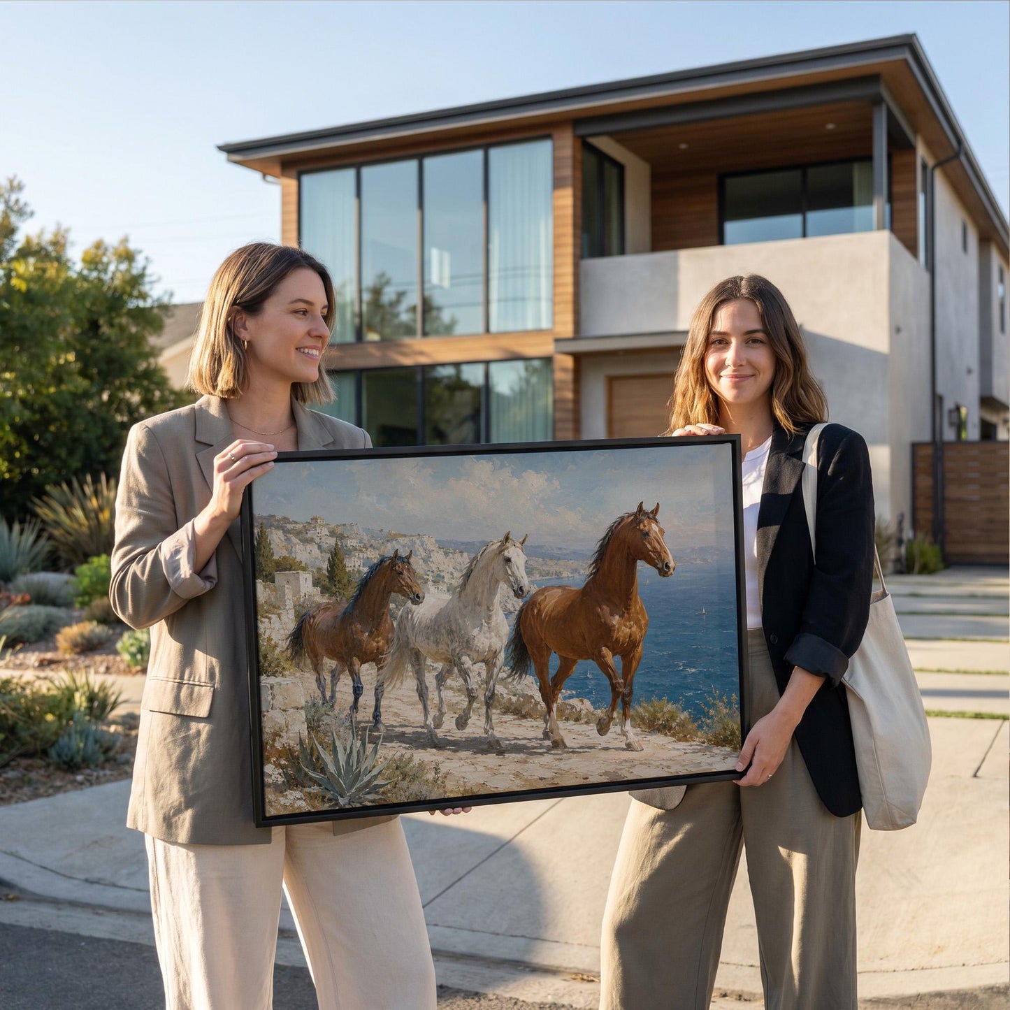 Three horses on a sunlit cliff above a blue Mediterranean bay, canvas wall art styled against a soft white wall