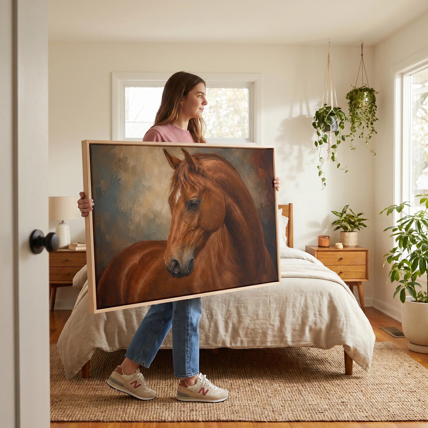 Chestnut horse portrait turning its head in warm light, canvas print presented in a light, minimal room