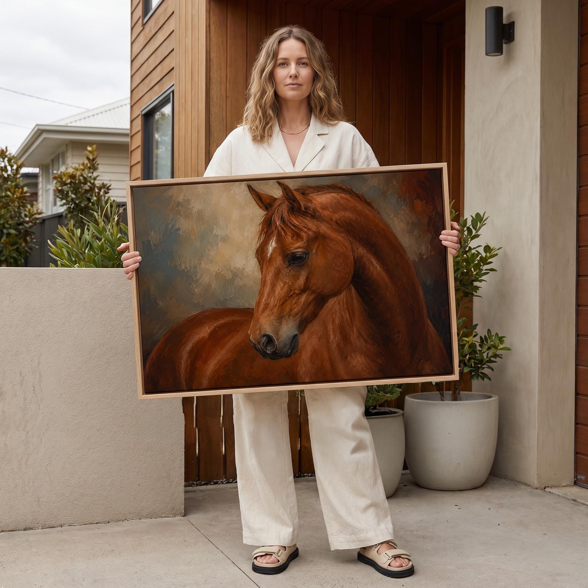 Chestnut horse portrait turning its head in warm light, canvas print displayed on a neutral wall in a styled interior