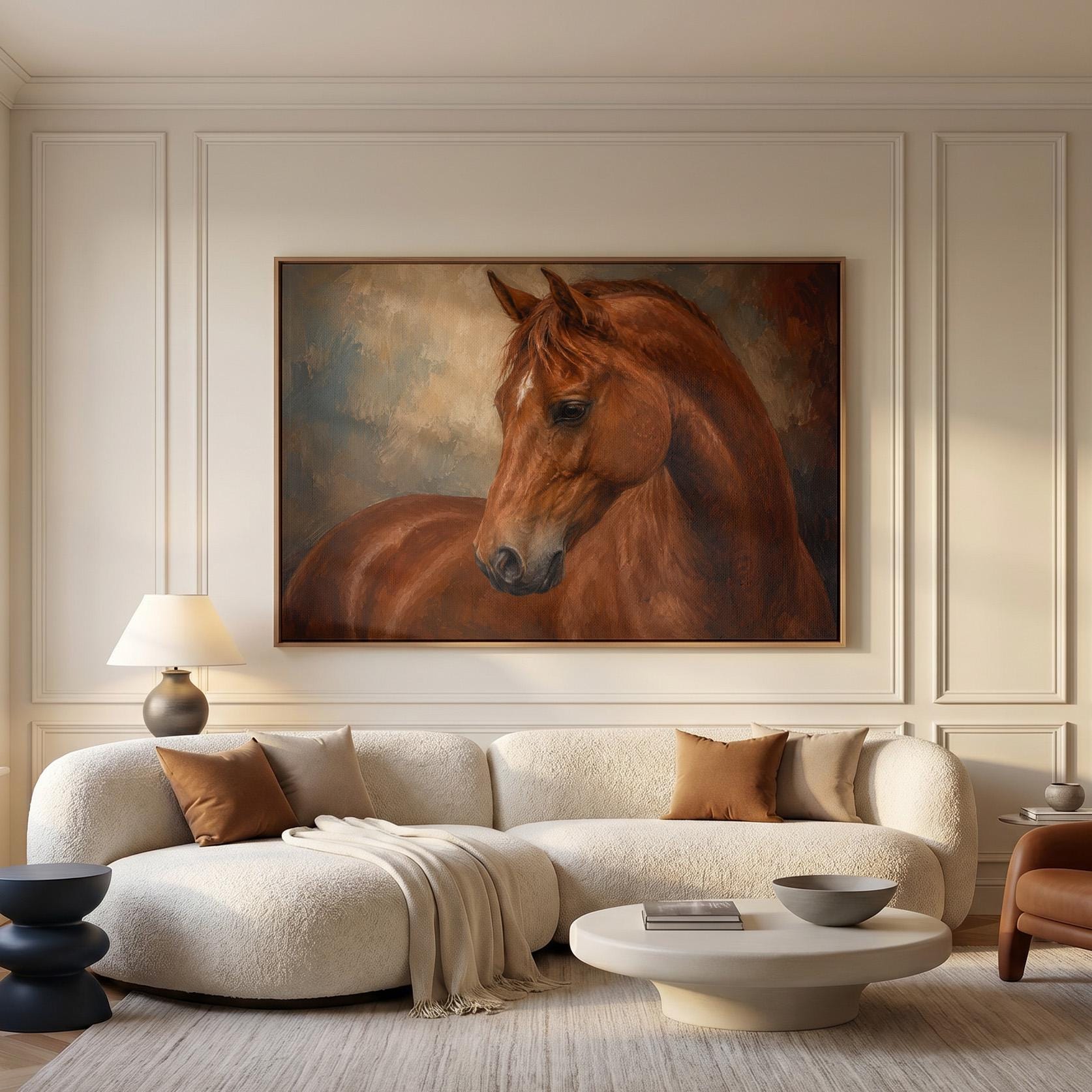 Chestnut horse portrait turning its head in warm light, canvas print shown in a sunlit, contemporary room