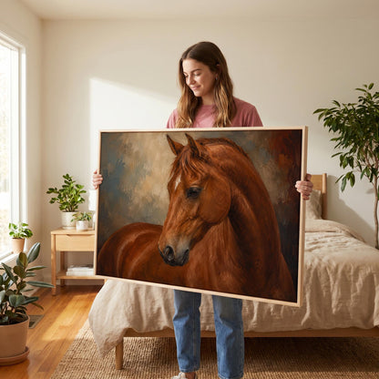 Chestnut horse portrait turning its head in warm light, canvas wall art hanging in a calm, modern living space