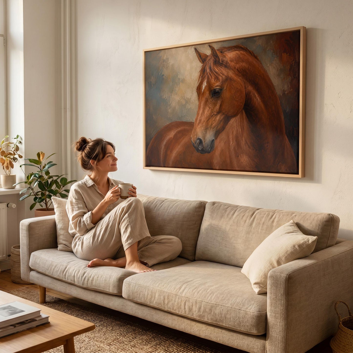 Chestnut horse portrait turning its head in warm light, canvas wall art styled against a soft white wall
