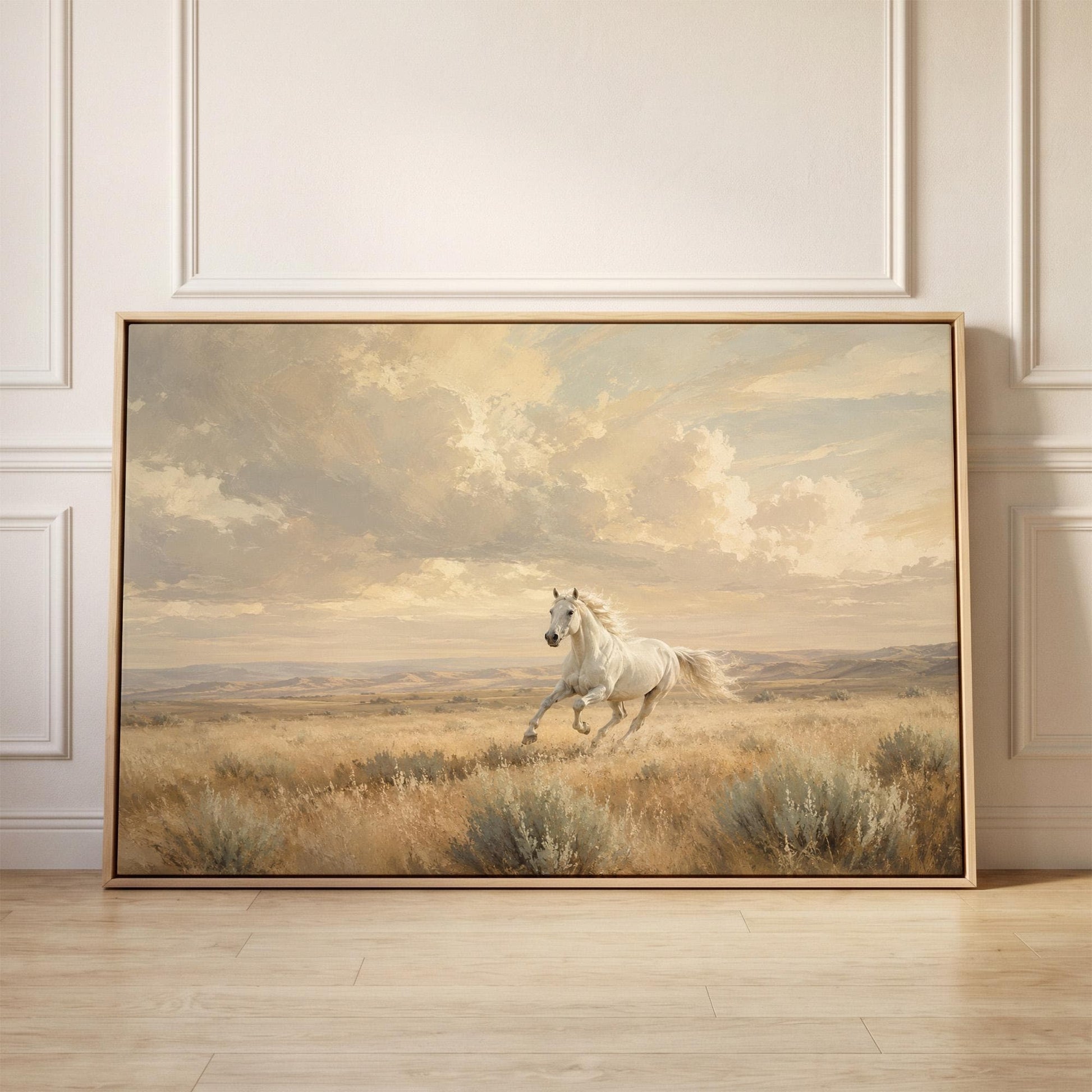 Lone white horse cantering across open prairie under a big sky, canvas print held up against a sunlit bedroom wall