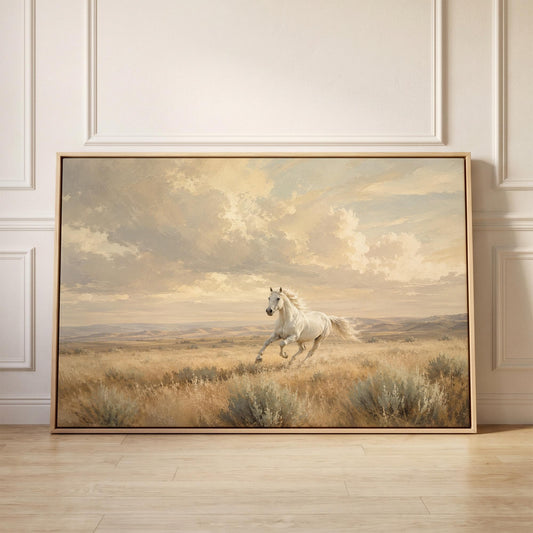 Lone white horse cantering across open prairie under a big sky, canvas print held up against a sunlit bedroom wall