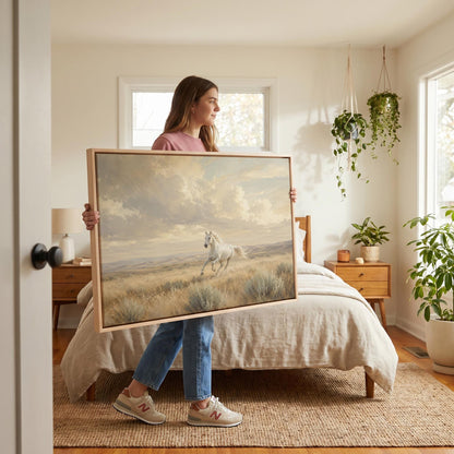 Lone white horse cantering across open prairie under a big sky, canvas print styled against a soft white wall