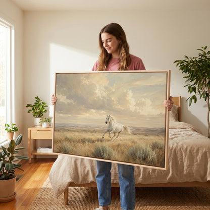 Lone white horse cantering across open prairie under a big sky, canvas print seen in a warm interior with natural light