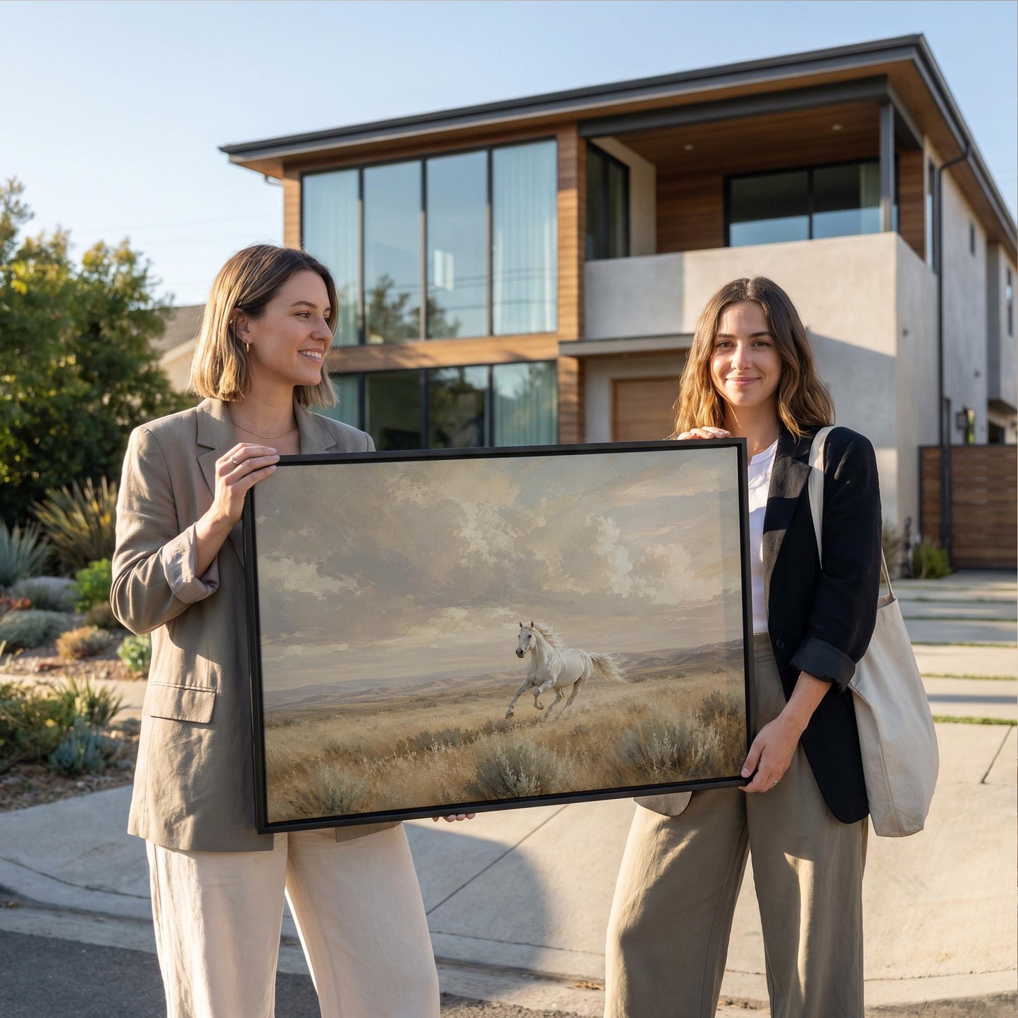 Lone white horse cantering across open prairie under a big sky, canvas print shown to scale in a furnished room