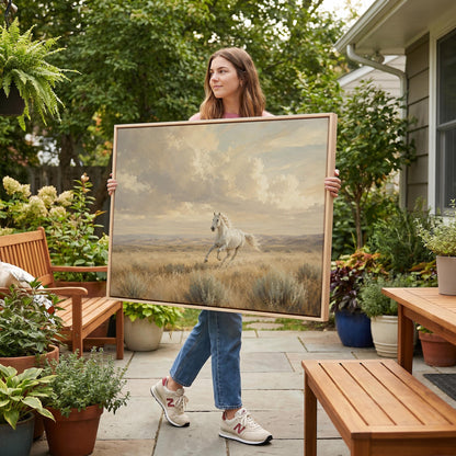 Lone white horse cantering across open prairie under a big sky, canvas wall art hanging in a calm, modern living space