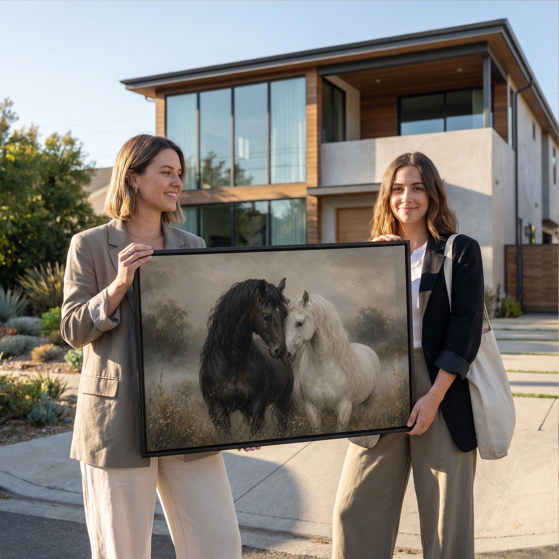 Black and white horses standing nose to nose in a misty meadow, canvas print on a quiet wall in a considered interior