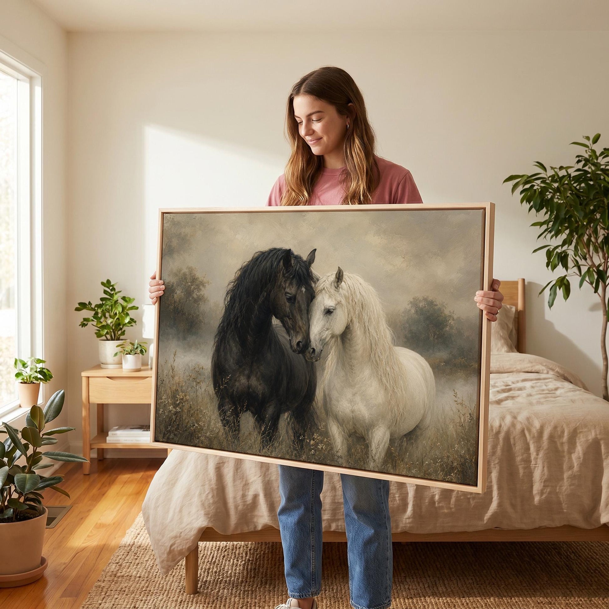 Black and white horses standing nose to nose in a misty meadow, canvas print shown to scale in a furnished room