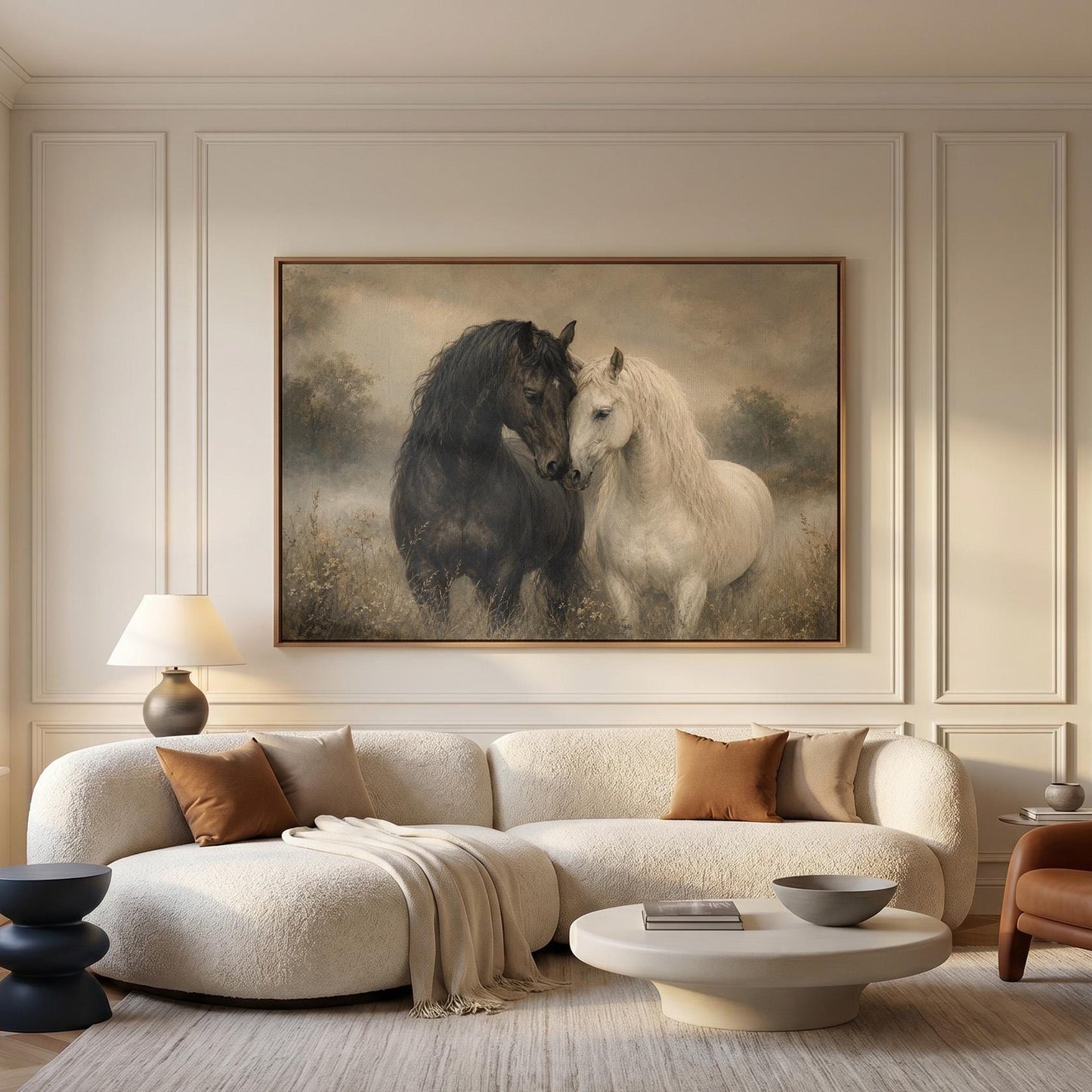 Black and white horses standing nose to nose in a misty meadow, canvas wall art seen in a warm interior with natural light