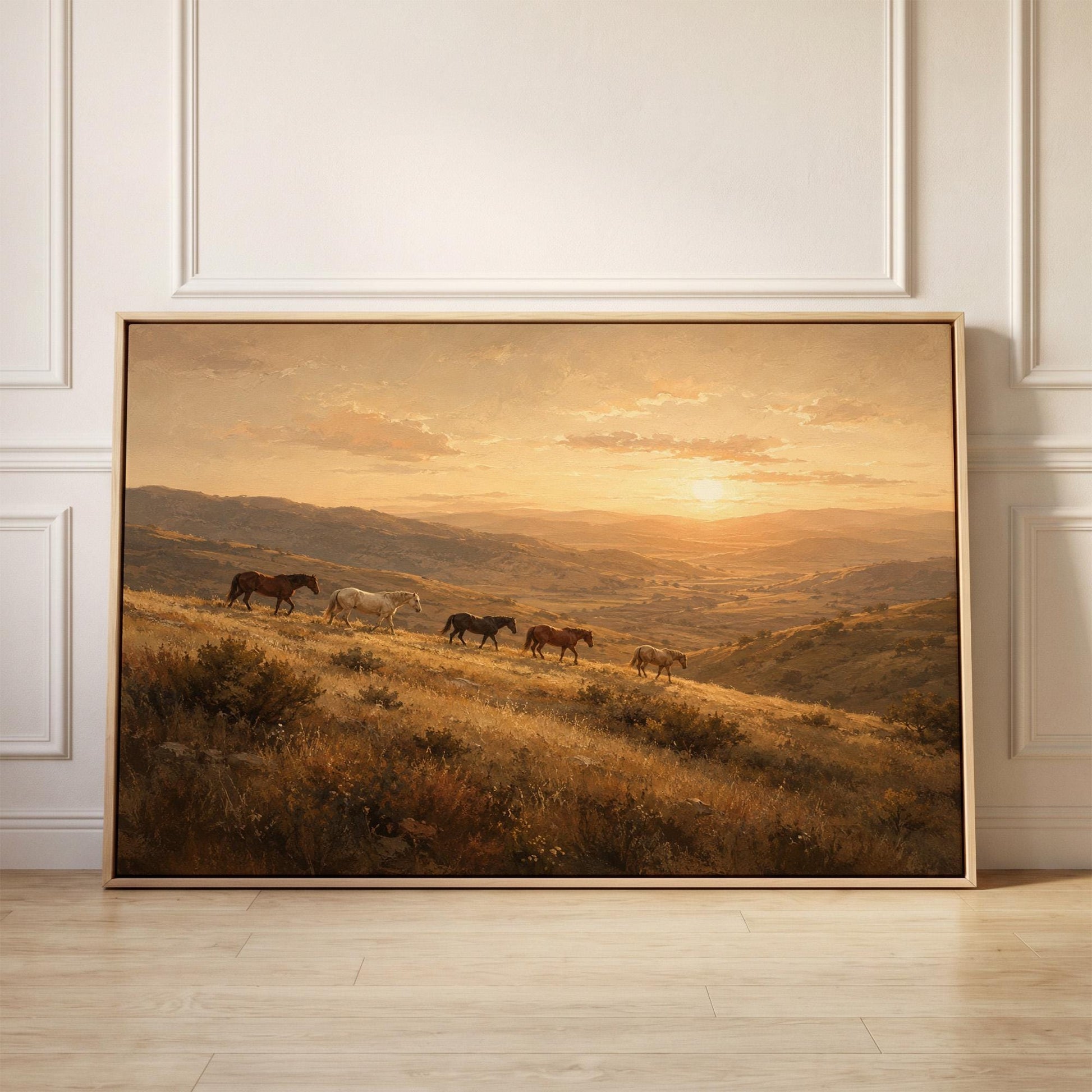 Herd of horses on a hillside trail at golden sunset, canvas print held up against a sunlit bedroom wall