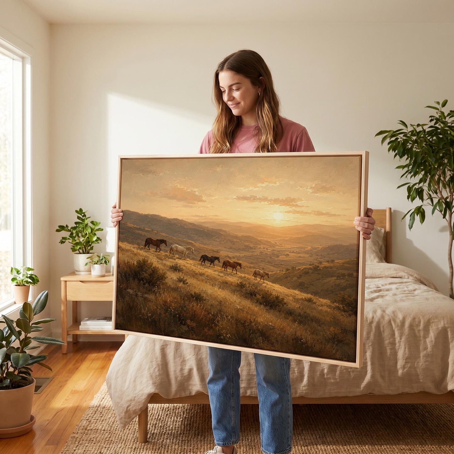 Herd of horses on a hillside trail at golden sunset, canvas print styled against a soft white wall