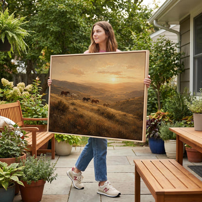 Herd of horses on a hillside trail at golden sunset, canvas print seen in a warm interior with natural light