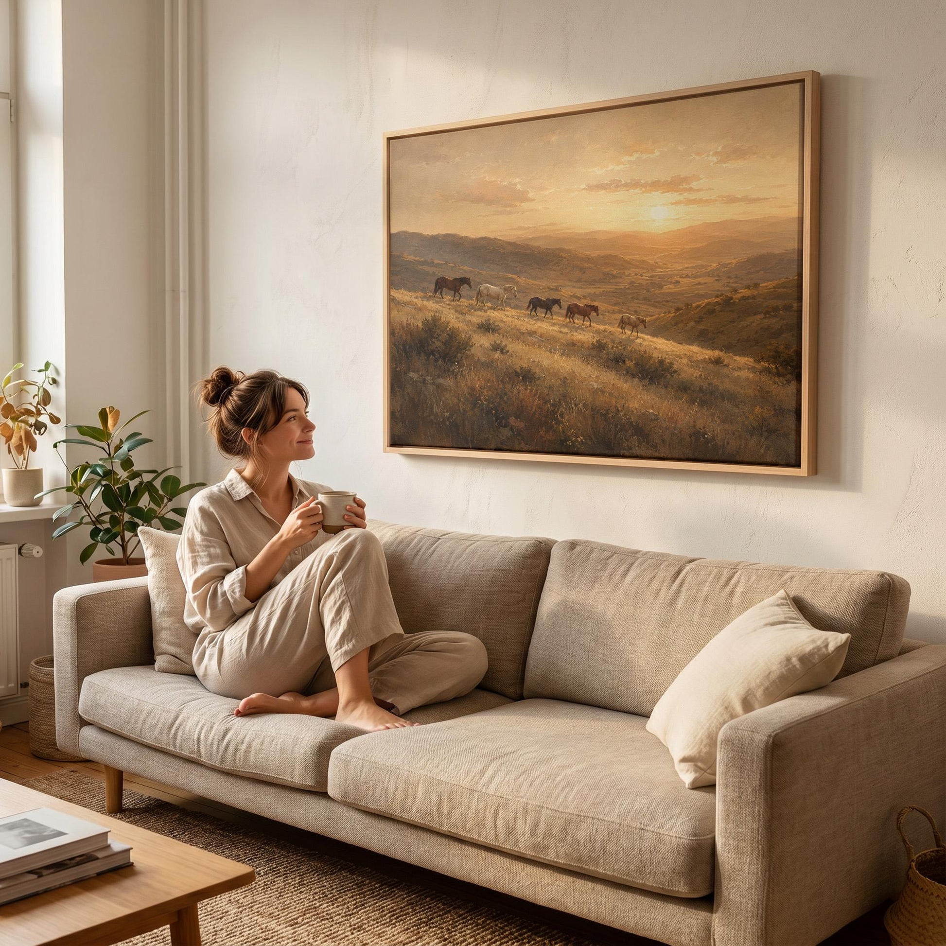 Herd of horses on a hillside trail at golden sunset, canvas print shown to scale in a furnished room