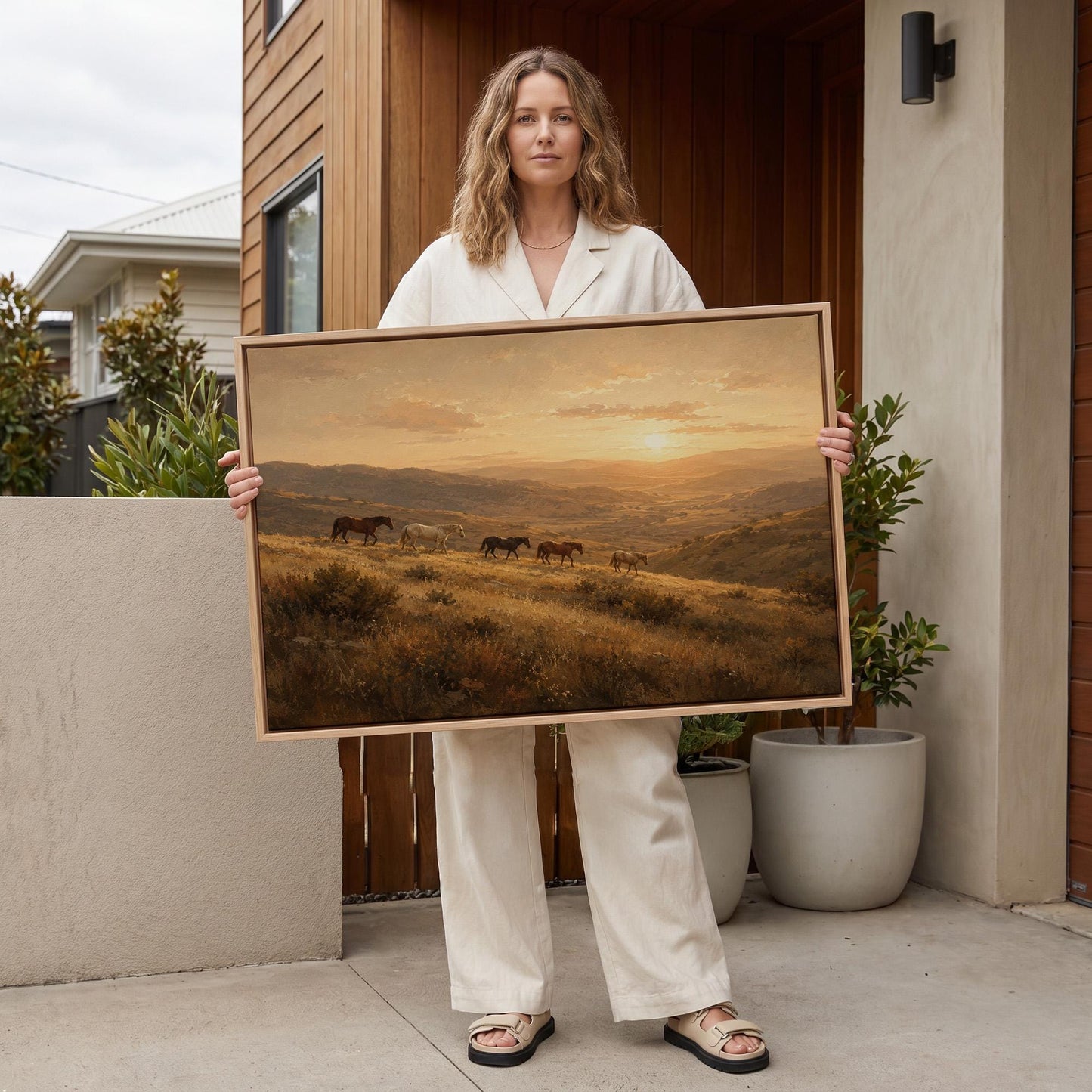Herd of horses on a hillside trail at golden sunset, canvas print displayed on a neutral wall in a styled interior
