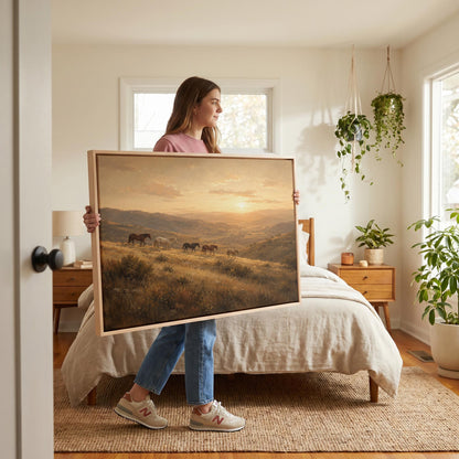 Herd of horses on a hillside trail at golden sunset, canvas wall art styled against a soft white wall