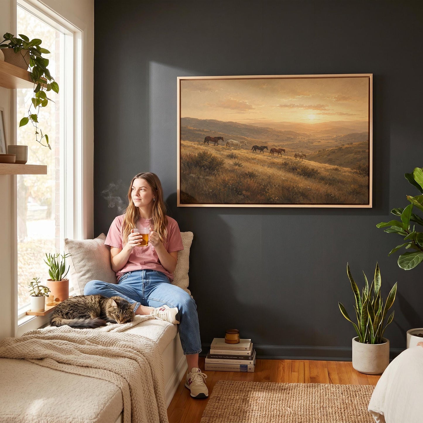 Herd of horses on a hillside trail at golden sunset, canvas wall art seen in a warm interior with natural light