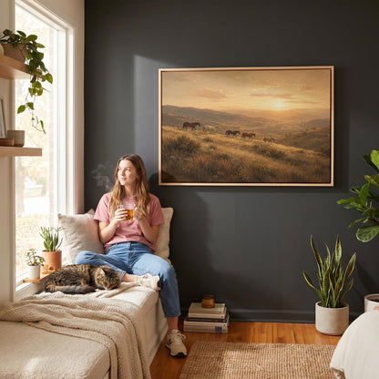 Herd of horses on a hillside trail at golden sunset, canvas wall art seen in a warm interior with natural light