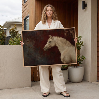 Pale grey horse portrait against a deep oxblood background, canvas print hanging in a calm, modern living space