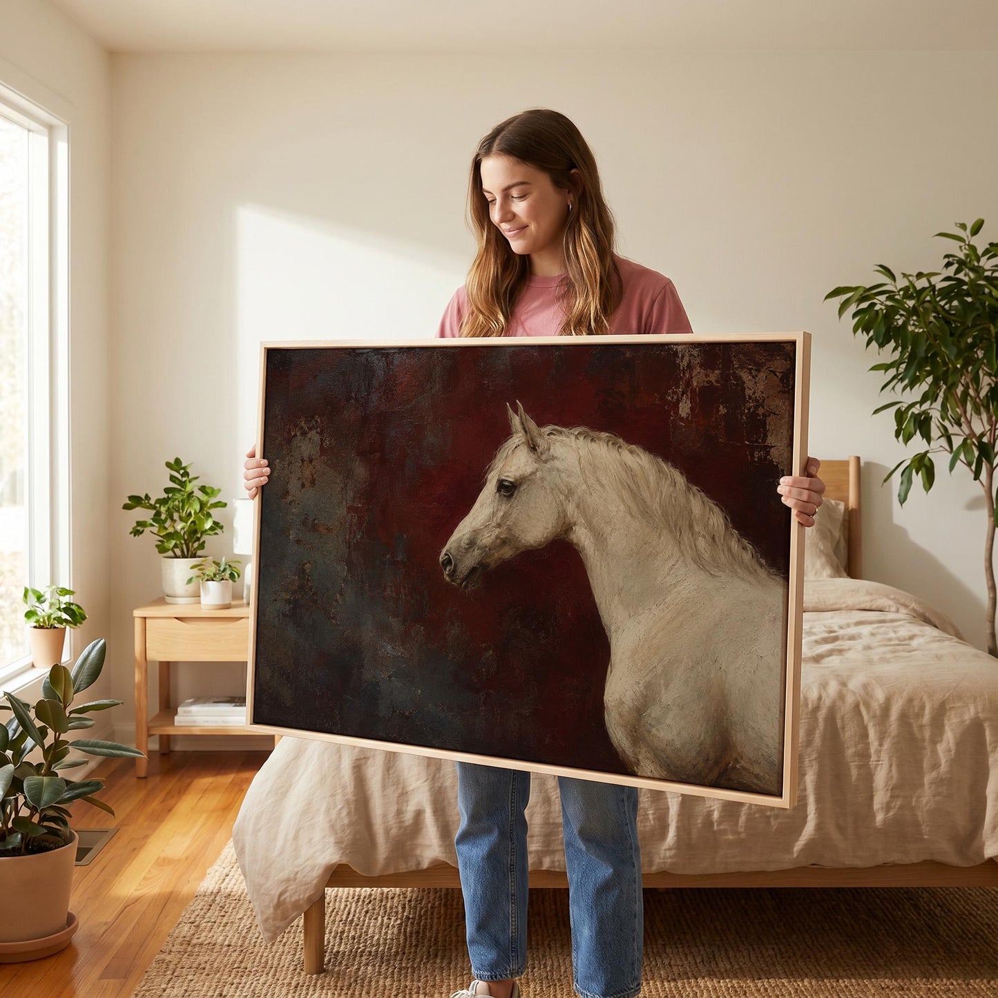 Pale grey horse portrait against a deep oxblood background, canvas print styled against a soft white wall