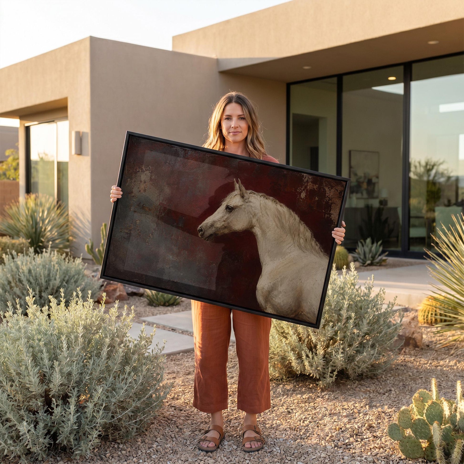 Pale grey horse portrait against a deep oxblood background, canvas print seen in a warm interior with natural light
