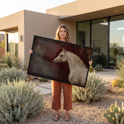 Pale grey horse portrait against a deep oxblood background, canvas print seen in a warm interior with natural light