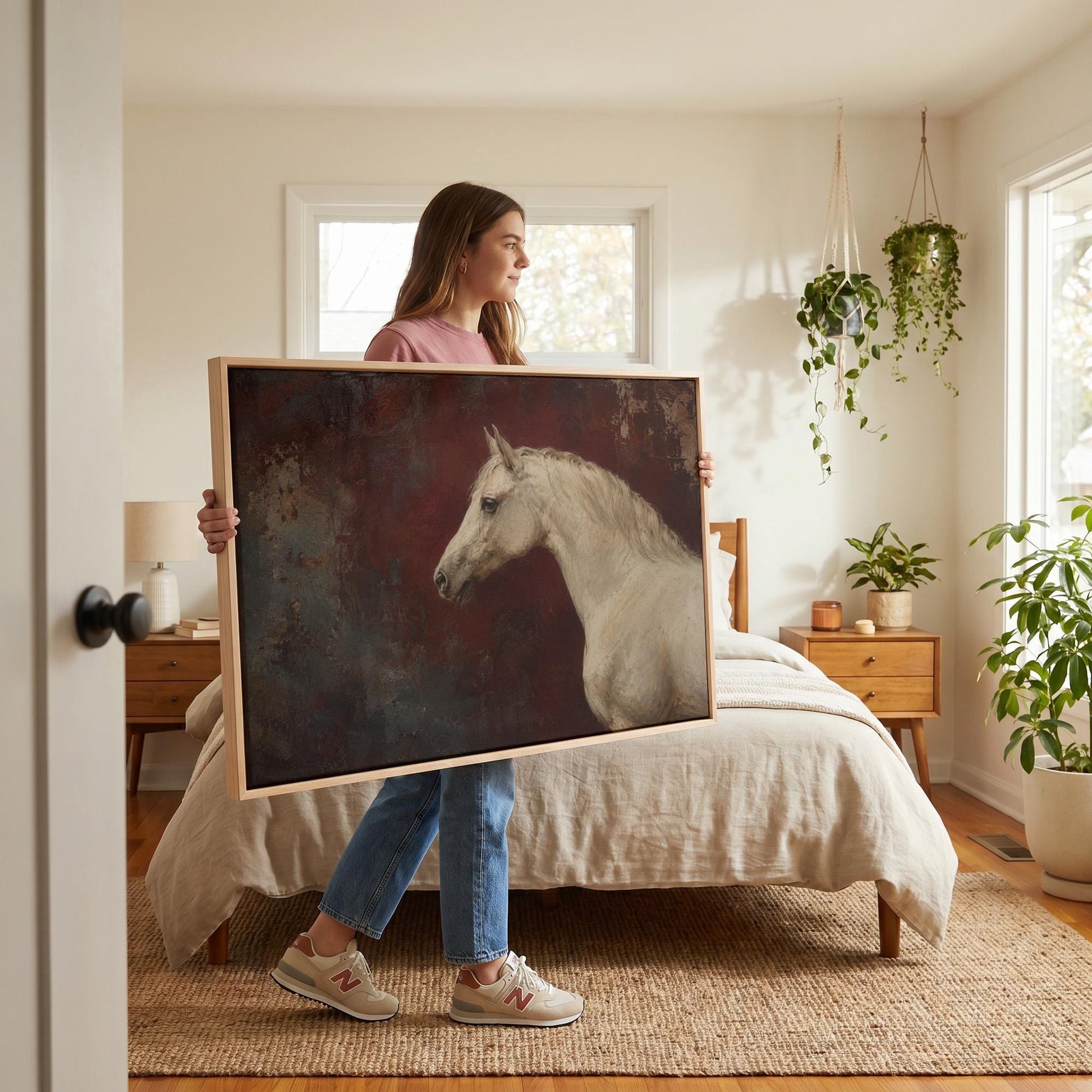 Pale grey horse portrait against a deep oxblood background, canvas print presented in a light, minimal room