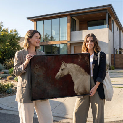 Pale grey horse portrait against a deep oxblood background, canvas print on a quiet wall in a considered interior