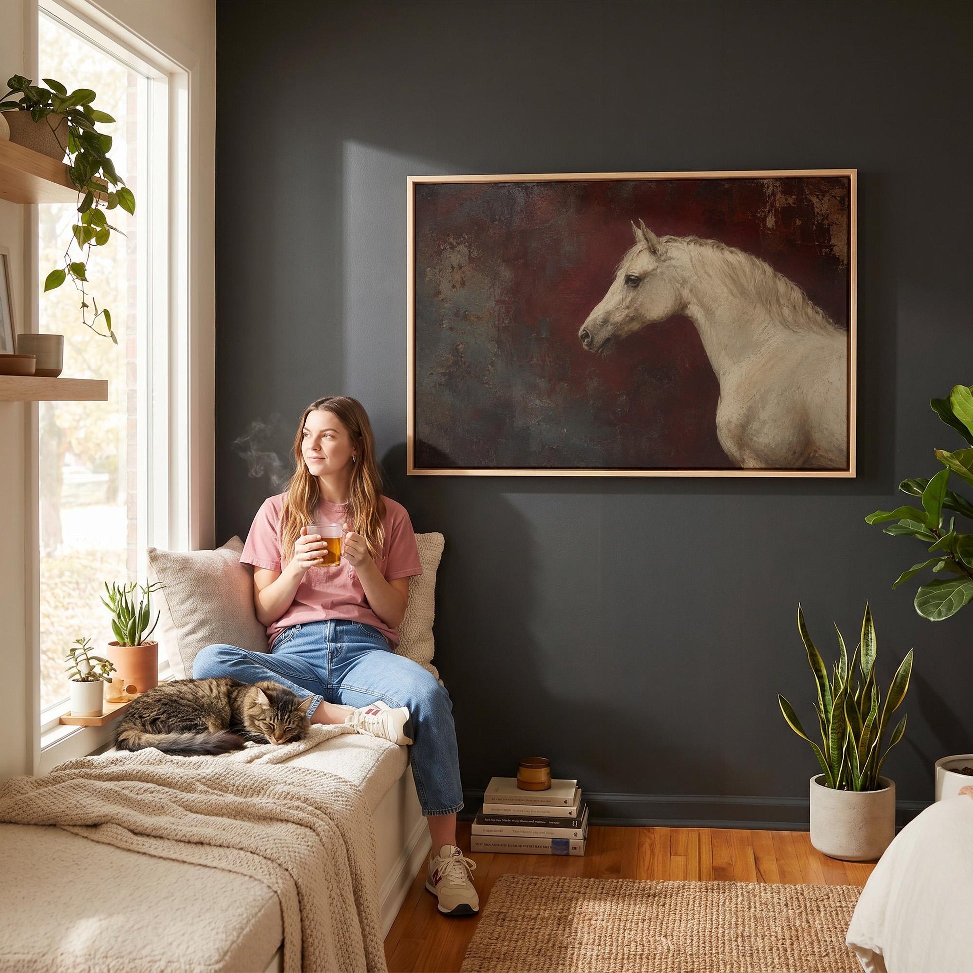 Pale grey horse portrait against a deep oxblood background, canvas print displayed on a neutral wall in a styled interior