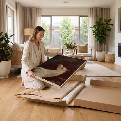 Pale grey horse portrait against a deep oxblood background, canvas wall art seen in a warm interior with natural light