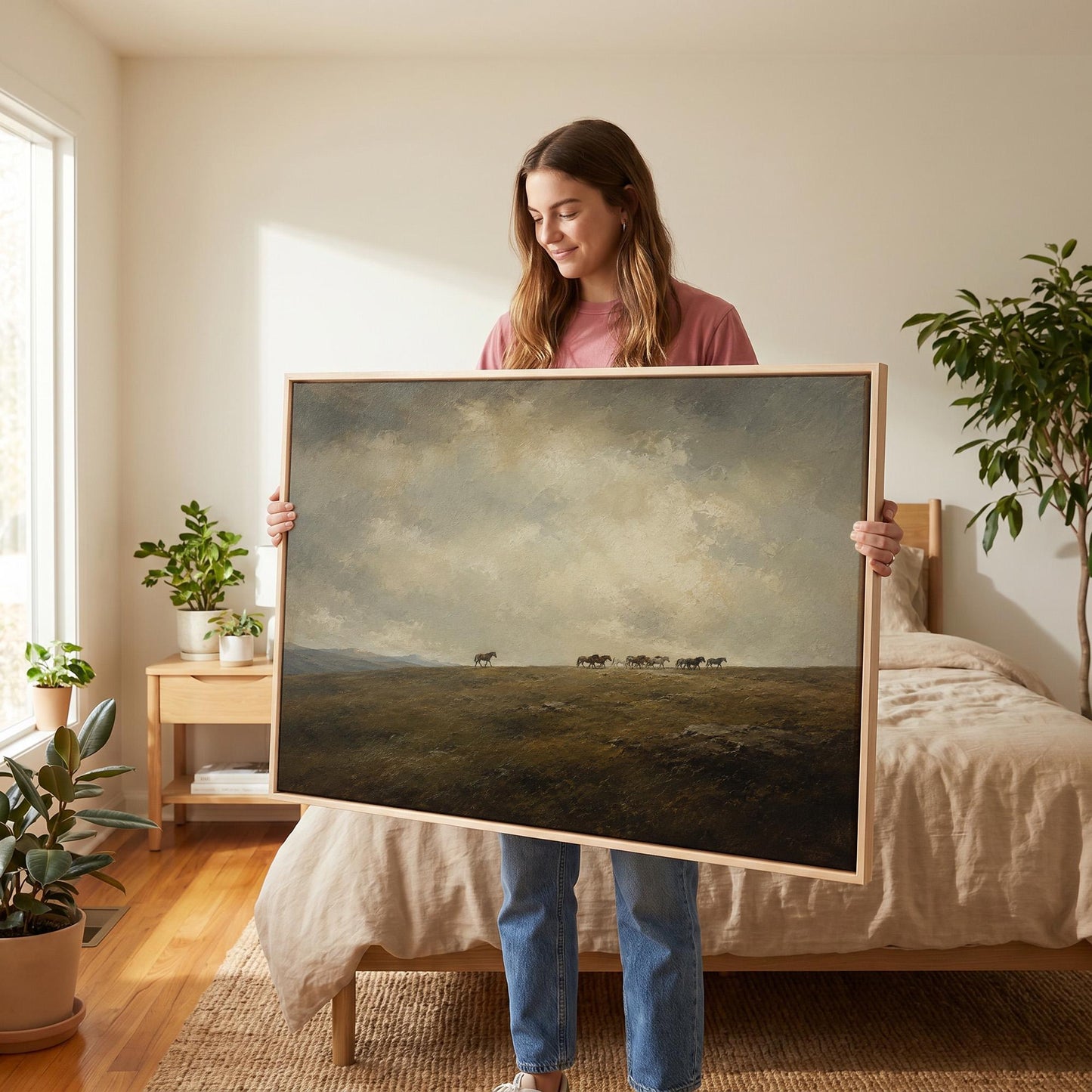 Distant herd of horses crossing a ridge under a vast cloudy sky, canvas print presented in a light, minimal room