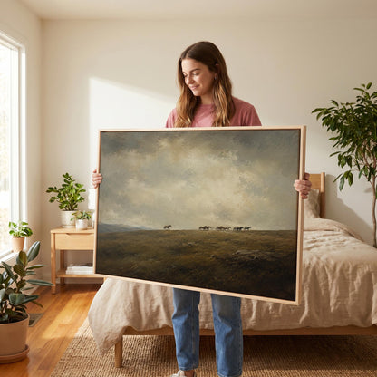 Distant herd of horses crossing a ridge under a vast cloudy sky, canvas print presented in a light, minimal room