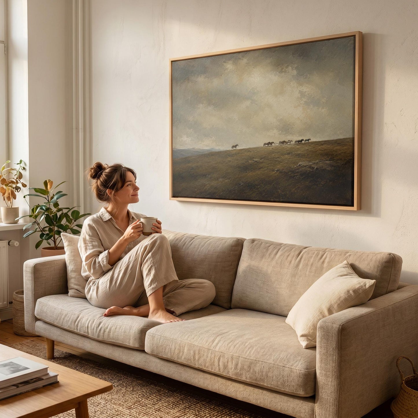 Distant herd of horses crossing a ridge under a vast cloudy sky, canvas print on a quiet wall in a considered interior