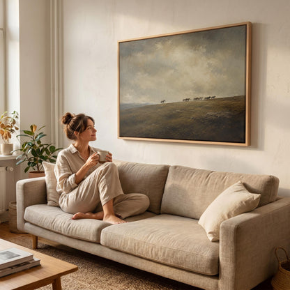 Distant herd of horses crossing a ridge under a vast cloudy sky, canvas print on a quiet wall in a considered interior