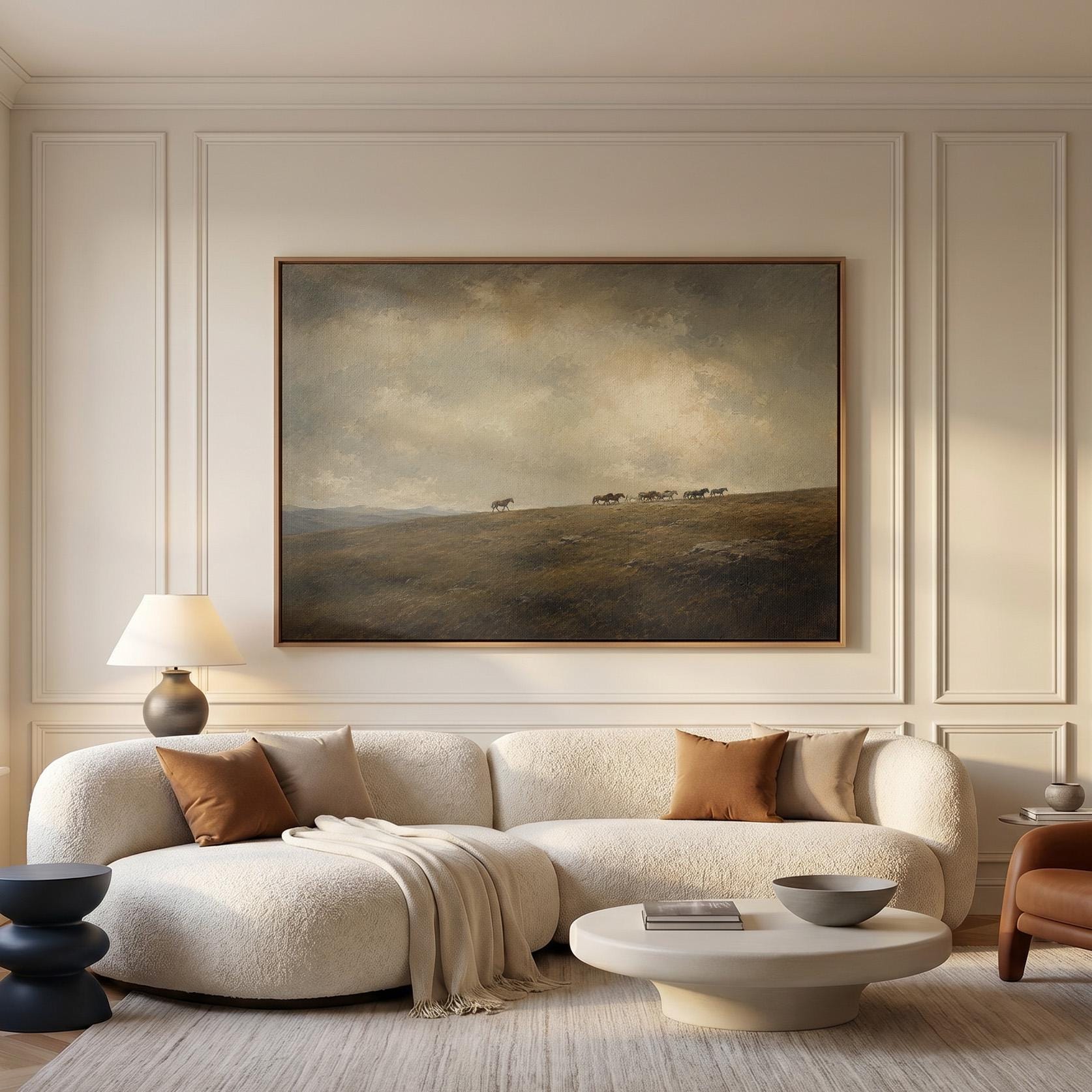 Distant herd of horses crossing a ridge under a vast cloudy sky, canvas wall art hanging in a calm, modern living space