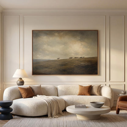 Distant herd of horses crossing a ridge under a vast cloudy sky, canvas wall art hanging in a calm, modern living space