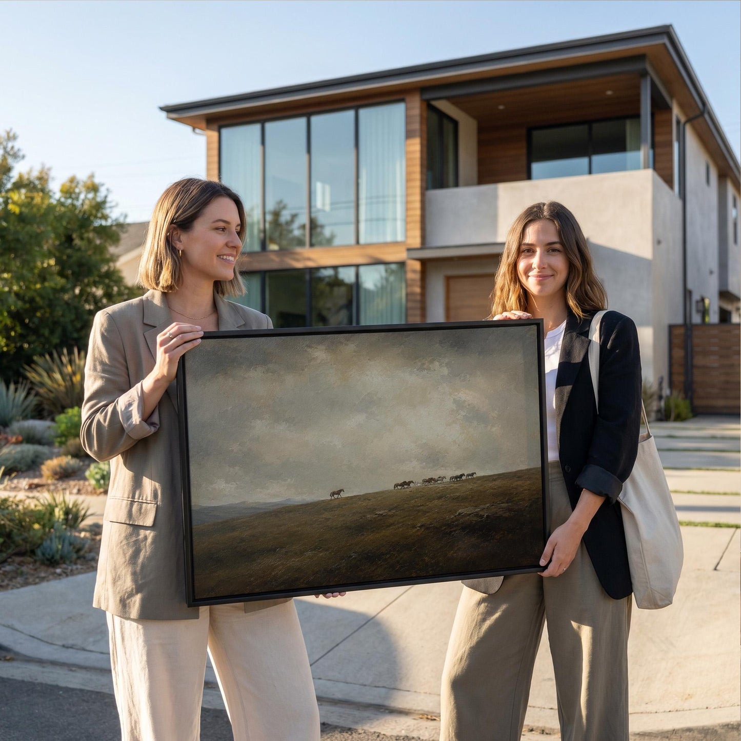 Distant herd of horses crossing a ridge under a vast cloudy sky, canvas wall art seen in a warm interior with natural light