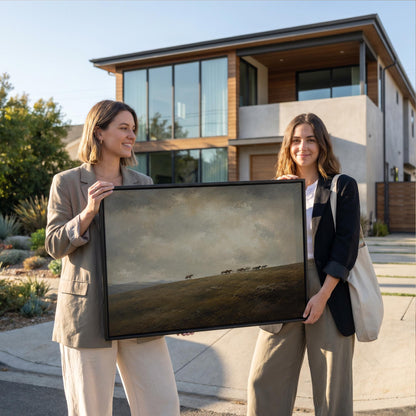 Distant herd of horses crossing a ridge under a vast cloudy sky, canvas wall art seen in a warm interior with natural light